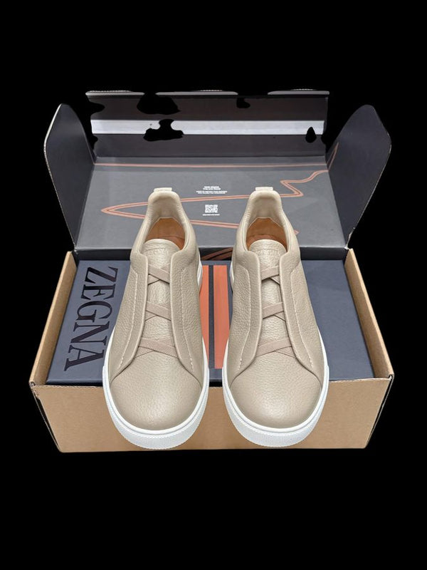 Zegna Triple Stitch Cuero Liso – Beige Claro